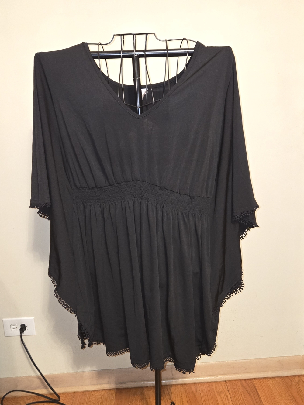 Black V-Neck Crochet-Trim Swim Coverup 26w/28w